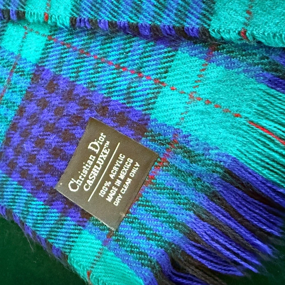 Christian Dior Cashluxe Plaid Scarf Blue‎ Teal Green Vintage Acrylic Fringe